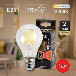 Лампочка светодиодная ЭРА F-LED A60-15W-827-E27 Е27 / Е27 15Вт филамент груша теплый белый свет