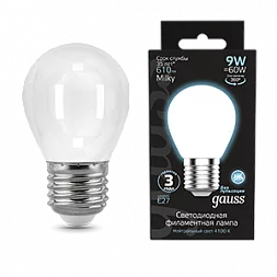 Лампа Gauss Filament Шар 9W 610lm 4100К Е27 milky LED 1/10/50