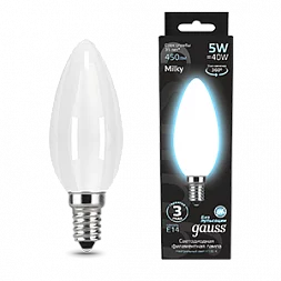 Лампа Gauss Filament Свеча 5W 450lm 4100К Е14 milky LED 1/10/50